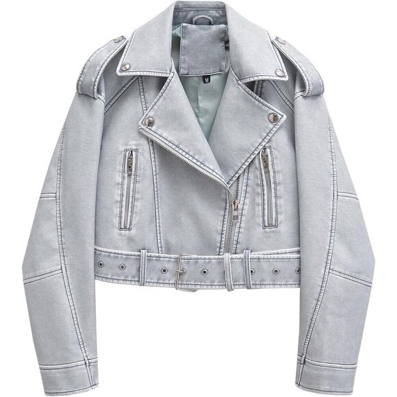 LY VAREY LIN Women Faux Leather blue Casual jacket Short Coat with Belt